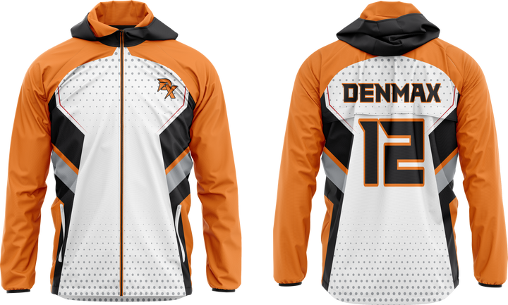 Orange, white, and black jacket with 'Denmax' branding on a white background