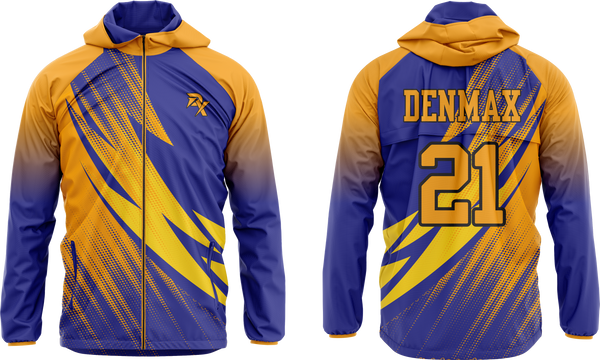 Blue and yellow jacket with 'DENMAX' and number '21' on a white background
